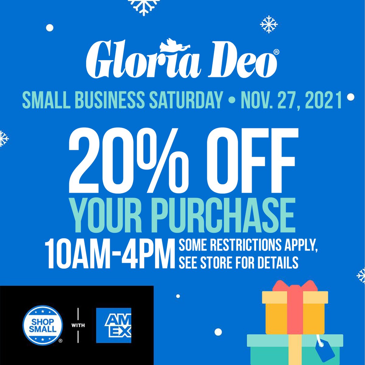 Gloria_Deo's tweet photo. Our celebration of #SmallBizSat is our way of showing our thanks for your loyal patronage of locally owned shops like ours. Hope to see you Sat., Nov. 27 -- you'll save big when you shop small @GloriaDeo! https://t.co/GCh7IAGFyj