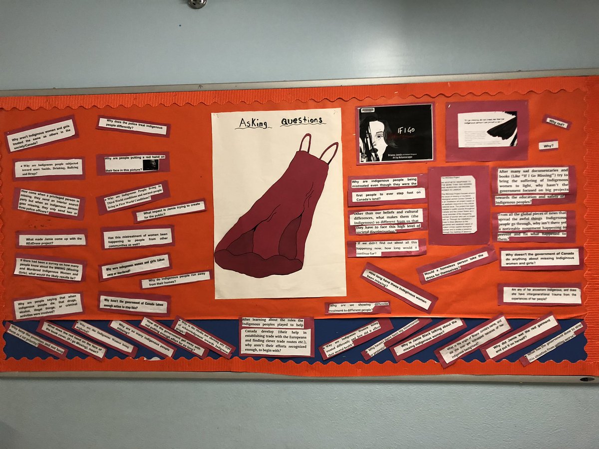 Ruby73682222's tweet image. Inspired by the book “If I Go Missing” by Brianna Jonnie and the Redress project by Jaime Black, my students, Grade 7/8, came up with some relevant questions, that we need to be asking ourselves, our government! @IonviewPS @LC3_TDSB @tdsb
