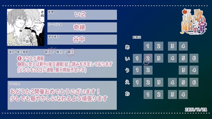 参加させていただきます!アクスタ通販と、間に合えば新刊(通販は後日)の展示もとい試し読みを予定しています!
28日はコアタイムにはスペースにいようかなと思っています😄
よろしくお願いします〜
 #おどうた211128_サークル参加 