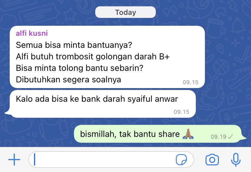 min tolong bantu share ya, butuh trombosit golongan darah B+ <a href="/infomalang/">Info Malang</a> butuh segera. bismillah 🙏🏽