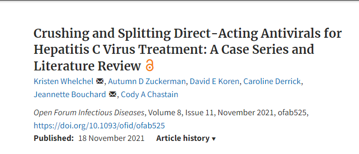IDSAInfo's tweet photo. A new case series and lit review in OFID addresses crushing and splitting direct-acting antivirals for hepatitis C virus treatment in patients unable to swallow tablets: https://t.co/HNLSHMV0KH

#IDSAJournals @PaulSaxMD @DrJLi @vumc_spec_pharm @KristenWhelche3 @AutumnZuckerman https://t.co/YSaRswk5DV
