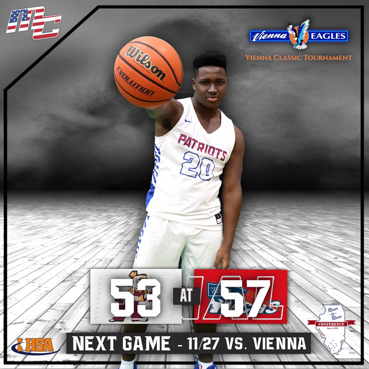 MassacBball's tweet photo. Final from Vienna!

Score : Patriots 57 Appleknockers 53

Stats :
Harmon - 16 pts
Smallman - 11 pts
Hosman - 12 pts, 8 ast
Cissell - 15 pts, 8 reb
Higgerson - 3 pts https://t.co/5aaRZqn7Mq
