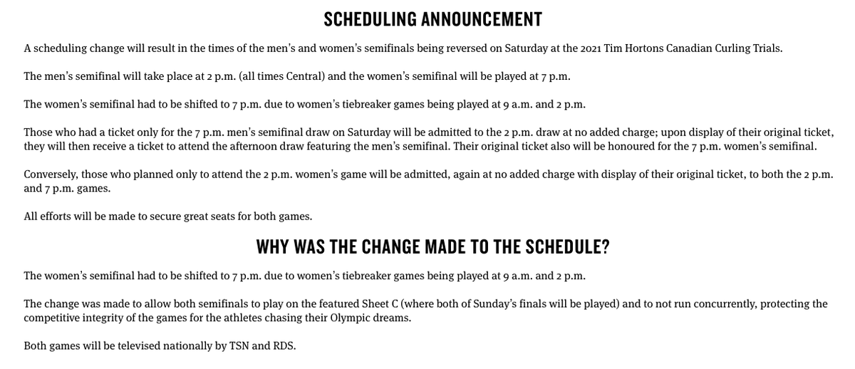 CurlingCanada's tweet photo. 🚨 PLEASE NOTE THE FOLLOWING SCHEDULE CHANGE AND TICKET INFORMATION FOR #Trials2021 🚨 https://t.co/Q0pOMVqaOR