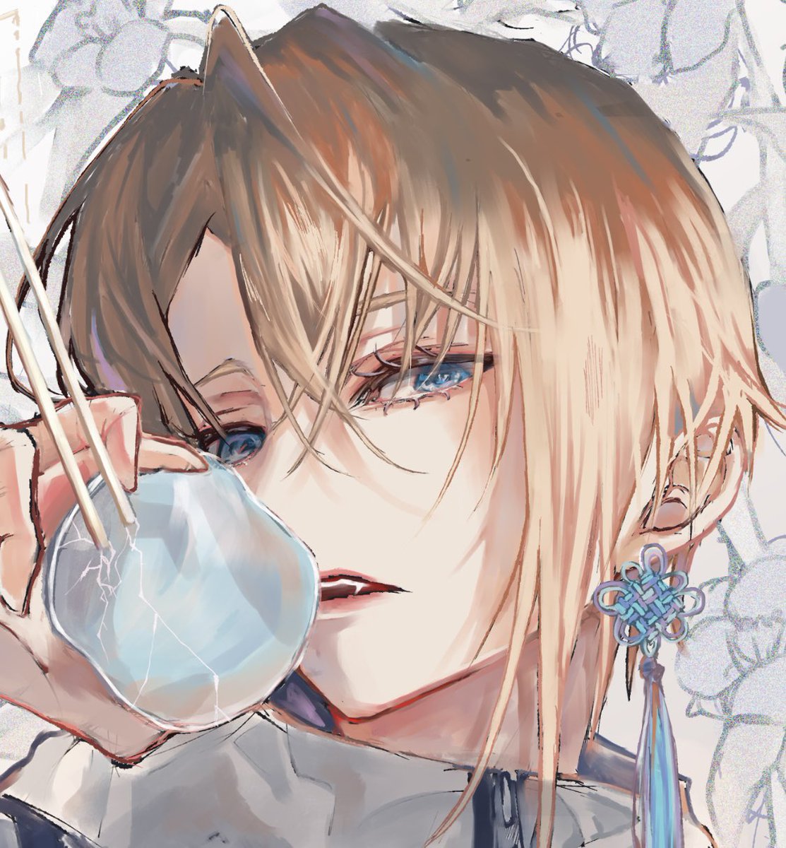 flower solo blue eyes male focus 1boy blue hair looking at viewer  illustration images