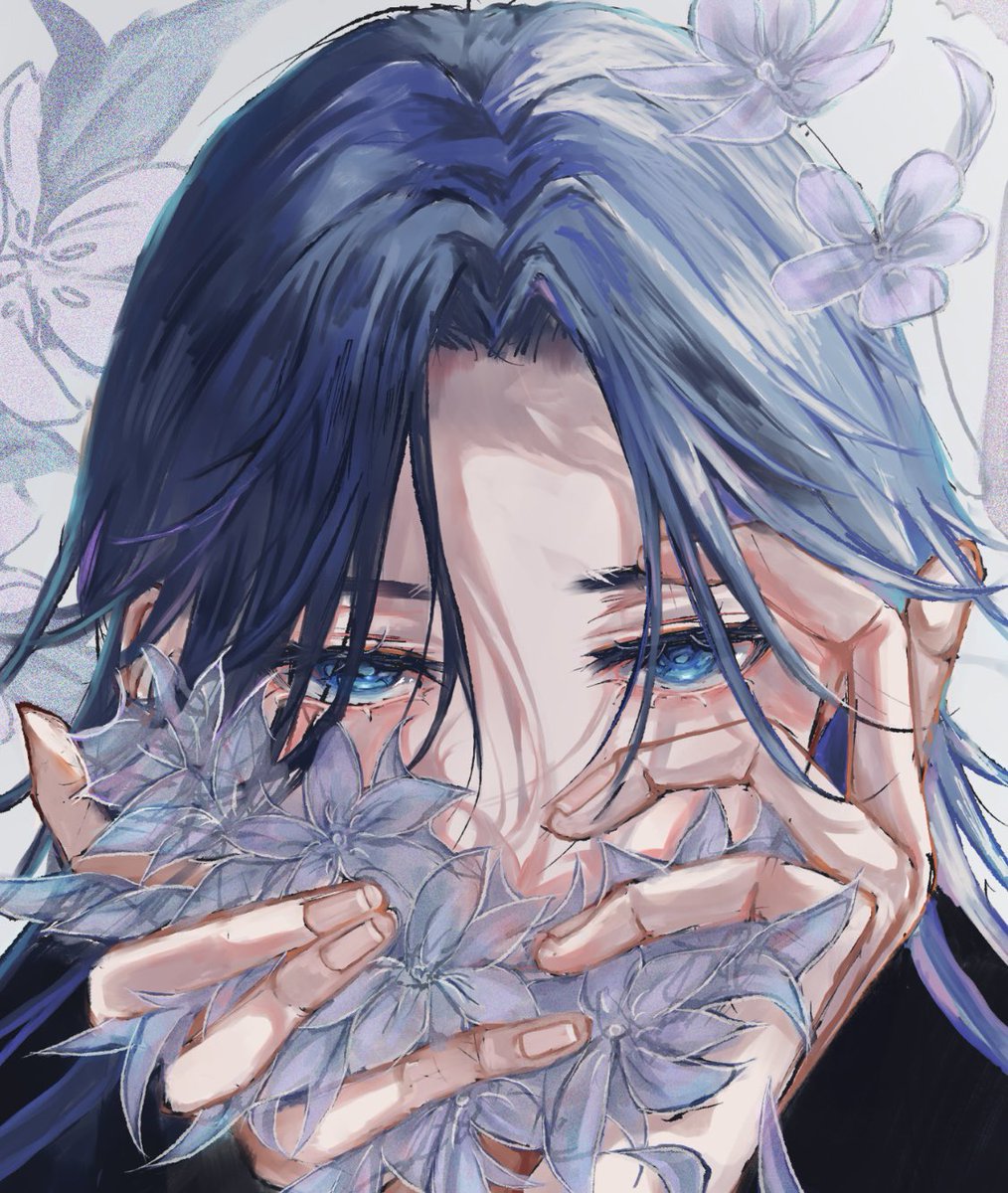 flower solo blue eyes male focus 1boy blue hair looking at viewer  illustration images