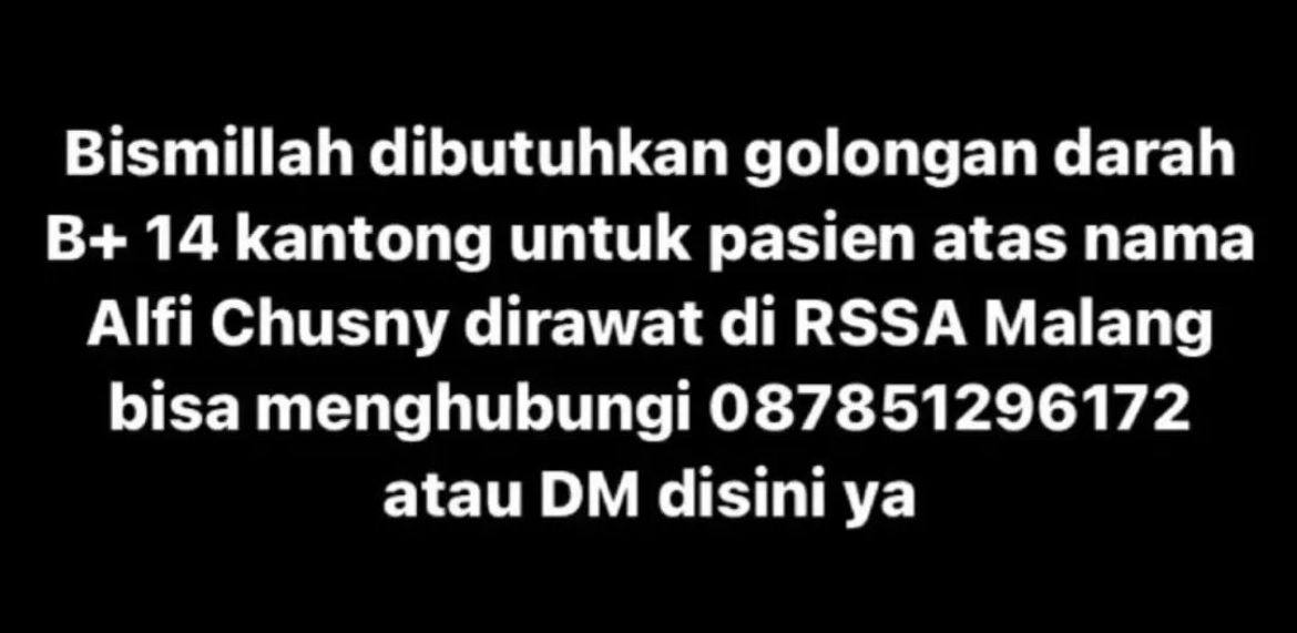 Urgently needed 🙏🏼
Temen-temen mohon dibantu share, jika ada kolega yg punya golongan darah B+ bisa lgsung menghubungi nomornya/via dm. Terimakasih orang-orang baik 🙏🏼
<a href="/infomalang/">Info Malang</a>