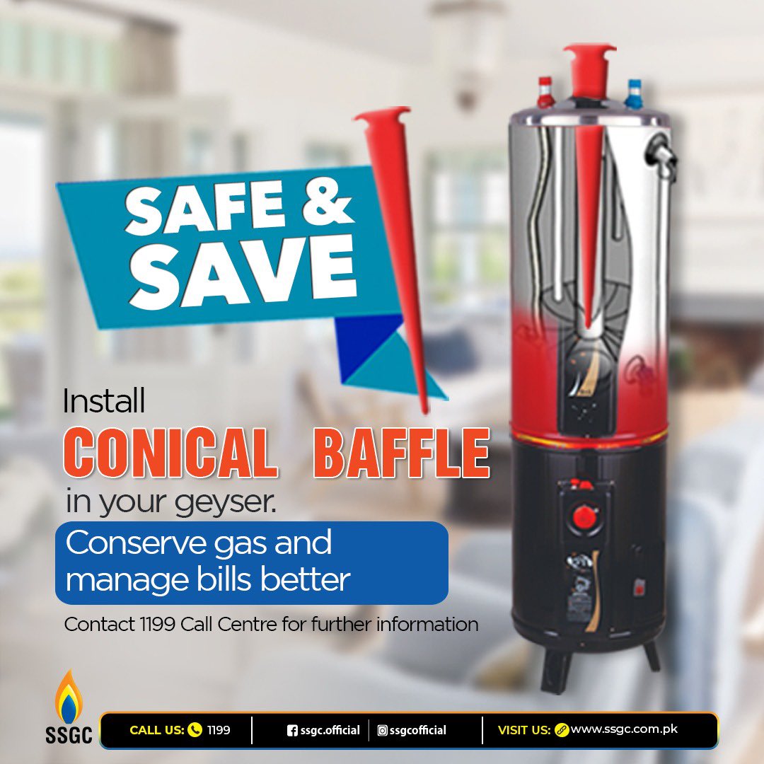 SSGC_Official's tweet photo. Ghardari k sath inn sardiyon main samjhdari bhi. Install Conical Baffle in your geyser. Conserve gas and manage bills.
Contact our helpline 1199 for more information.
#SSGC #WinterSafety #UtilityService #ssgccutomerfacilitation #ssgchelpline1199 #helpline1199 #SSGCARES https://t.co/ZyDSAy0t5X