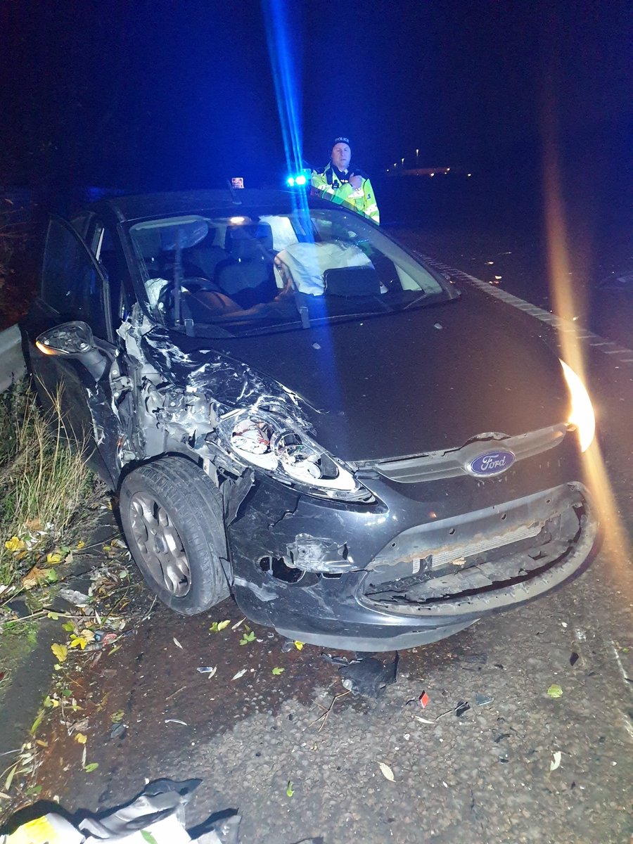 NWmwaypolice's tweet photo. The below is the aftermath of a Police vehicle parked on the hard shoulder of the M57 near junction 6, Other vehicle loses control and collides with police vehicle, Thankfully no injuries sustained but driver of Fiesta has been detained for driving well over the limit. https://t.co/ONlAIfxTks
