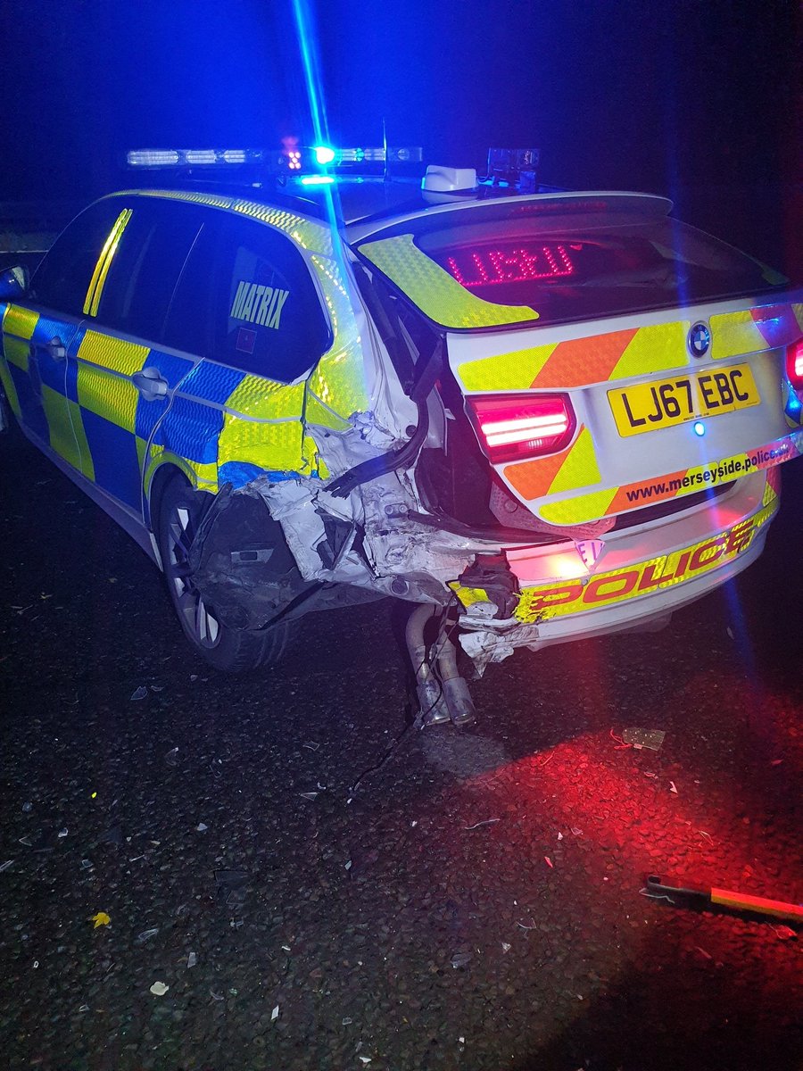 NWmwaypolice's tweet photo. The below is the aftermath of a Police vehicle parked on the hard shoulder of the M57 near junction 6, Other vehicle loses control and collides with police vehicle, Thankfully no injuries sustained but driver of Fiesta has been detained for driving well over the limit. https://t.co/ONlAIfxTks