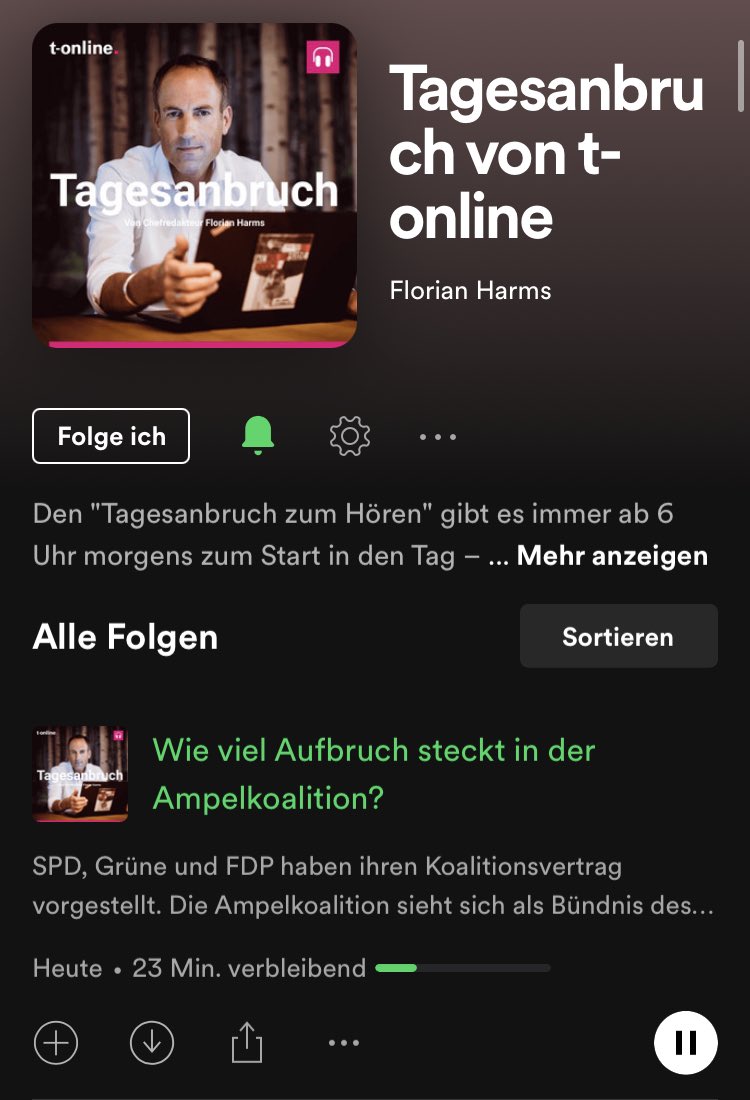 #Hörempfehlung: In diesem "Tagesanbruch am Wochenende" sprechen <a href="/tonline/">t-online</a>-Chefredakteur Florian Harms, meine Kollegin <a href="/SandraSimonsen1/">Sandra Simonsen</a> und ich über den Koalitionsvertrag von @SPD, <a href="/Die_Gruenen/">BÜNDNIS 90/DIE GRÜNEN</a> und <a href="/fdp/">FDP</a>. Außerdem diskutieren wir eine mögliche Impfpflicht. open.spotify.com/episode/6FKqjL…