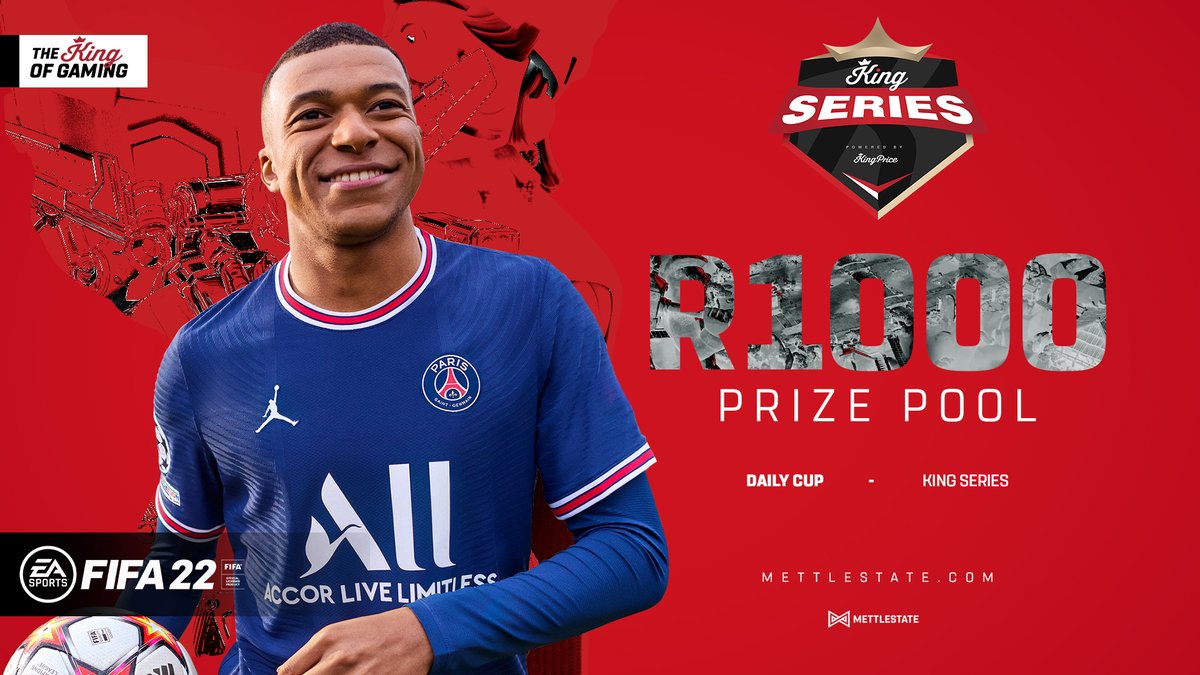 Mettlestate's tweet photo. Don’t miss today’s FIFA 22 cup, powered by @KingPriceIns ⚔️ 🏰
Starting at 14:00, check-ins open at 13:00.
R1000 prize pool 💪😄
#KingSeries #TheKingOfGaming #ForgeDailyCups #FIFA22 https://t.co/quVy7pGHC8