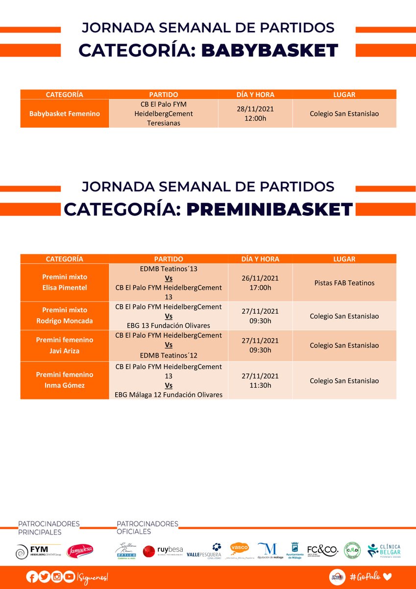 cbelpalo's tweet photo. 📋 #AGENDA | Os dejamos la jornada semanal de partidos #babys, #preminis y #minis patrocinado por #FYMHeidelbergCement.
¡Mucha suerte!
#GoPalo🧡 https://t.co/zcpZ3YLcqX