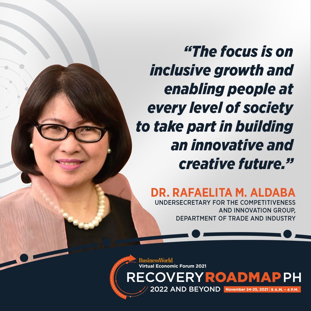 bworldph's tweet photo. ICYMI | Department of Trade and Industry's Dr. Rafaelita M. Aldaba shared her insights in the Fireside Chat discussion.

#BWVEF2021 #RecoveryRoadmapPH https://t.co/wAoWHowHWq