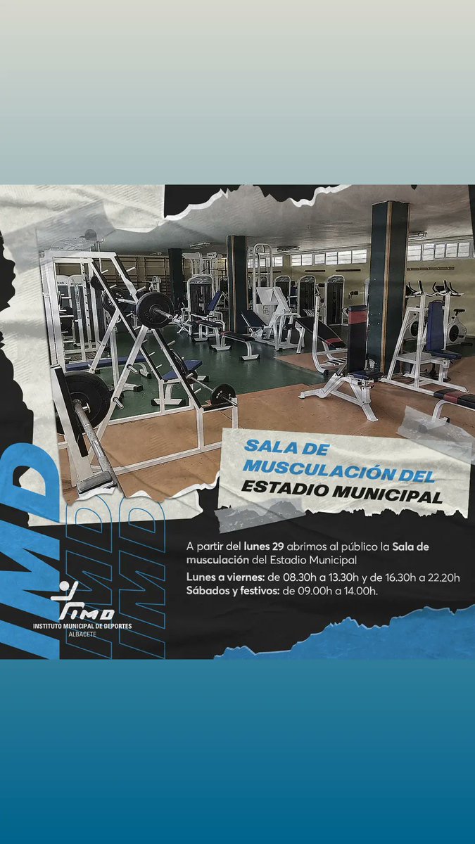 Sala de musculación del Estadio Municipal, abierta a partir del lunes 29 de noviembre.
👉De lunes a viernes de08:30 a 13:30 y de 16:30 a 22:20
👉Sábados, domingos y  festivos de 09:00 a 14:00
