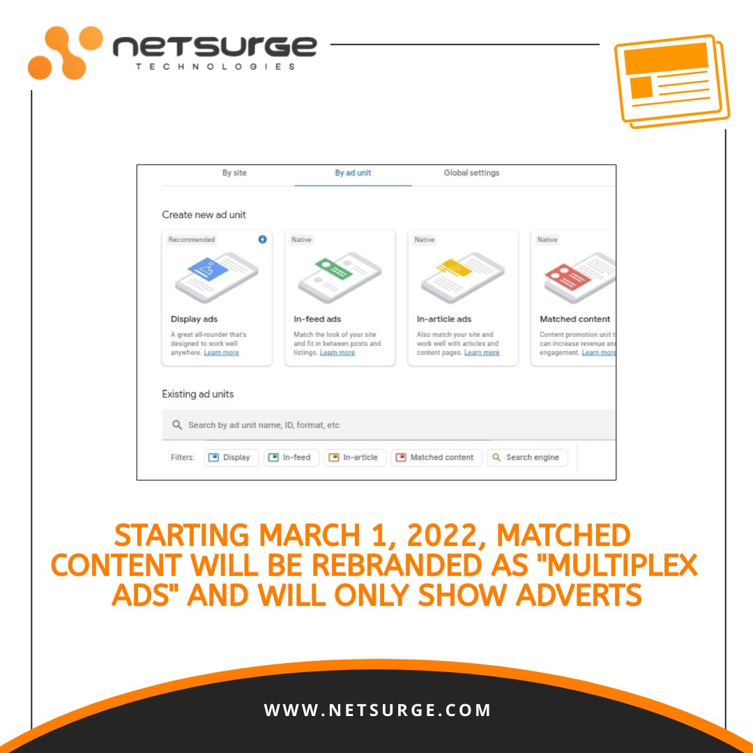netsurgetech's tweet photo. #Google AdSense’s Matched content widget will only show ads starting on March 1, 2022
.
#adsense #ads #digitalmarketing #googleadsense #marketing #advertising #blogger #adsenseblogger #googleads #seoagency #marketing #SMM #SEO #likesharecomment #semservices #bestseoservices #like https://t.co/zIa6fG0cXE