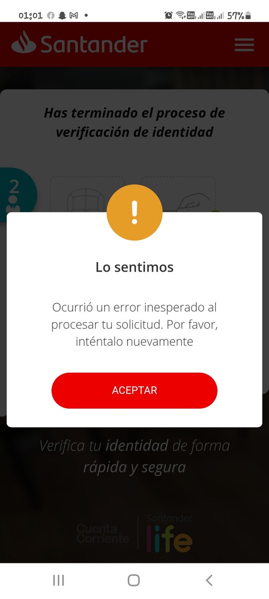 PatoCarlosBust8's tweet photo. @santanderchile 
 De crear una cuenta life  100% online como indican en la publicidad pero me arroja este error.... Esto es comenzar con el pie izquierdo... https://t.co/u4A61LrLVd