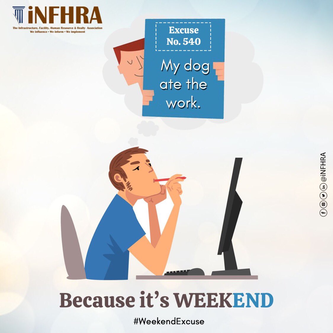 You really need to think believable excuses for missing work!!

#weekendvibes #excuses #plans #workonweekend #lazy #saturday #happyweekend #workfromhomeends #office #weekendplans #weekendchore #weekendmood #staysafe