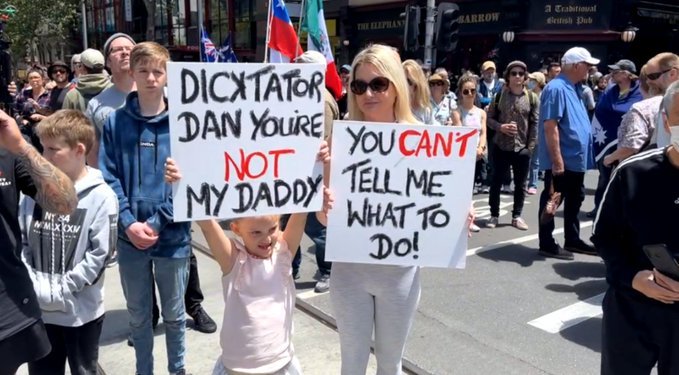 mwalinu's tweet photo. Protesters, Take your hissy fits to the next level. Follow me for tips on teaching kids to be #superspreaders who 💩 on society. I also offer gallow-making 101 & Knit-your-own-noose workshops. Credit granted for Hatred 101. Take Hatred 201
#OccupySpringSt
#MelbourneProtest https://t.co/FYfDy4mRTu