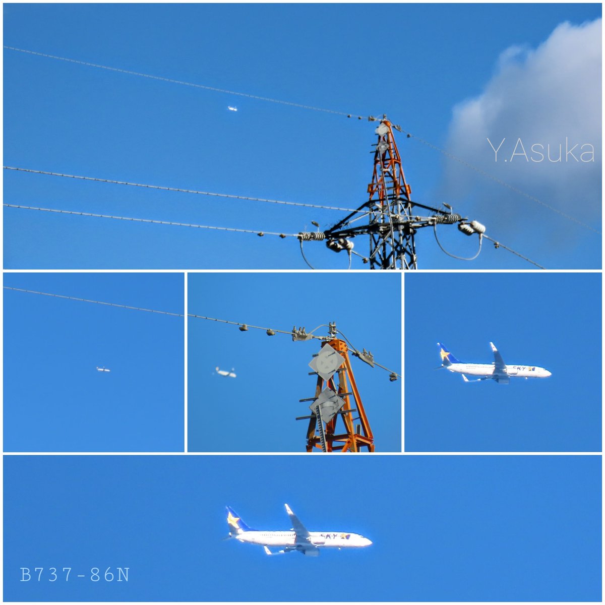 yumeasutw's tweet photo. 青空を行く✈️
夏場は空が白っぽくて
見えにくい彼方の
低い空の #飛行機 が、
今日は良く見えます✈️
#スカイマーク
#B737_86N
#ウィングレット ❤️
#空の名前
#青空
#積雲
#鉄塔
#a2021 #a1127 #a202111 #a2021114 https://t.co/lhHTuJS4th