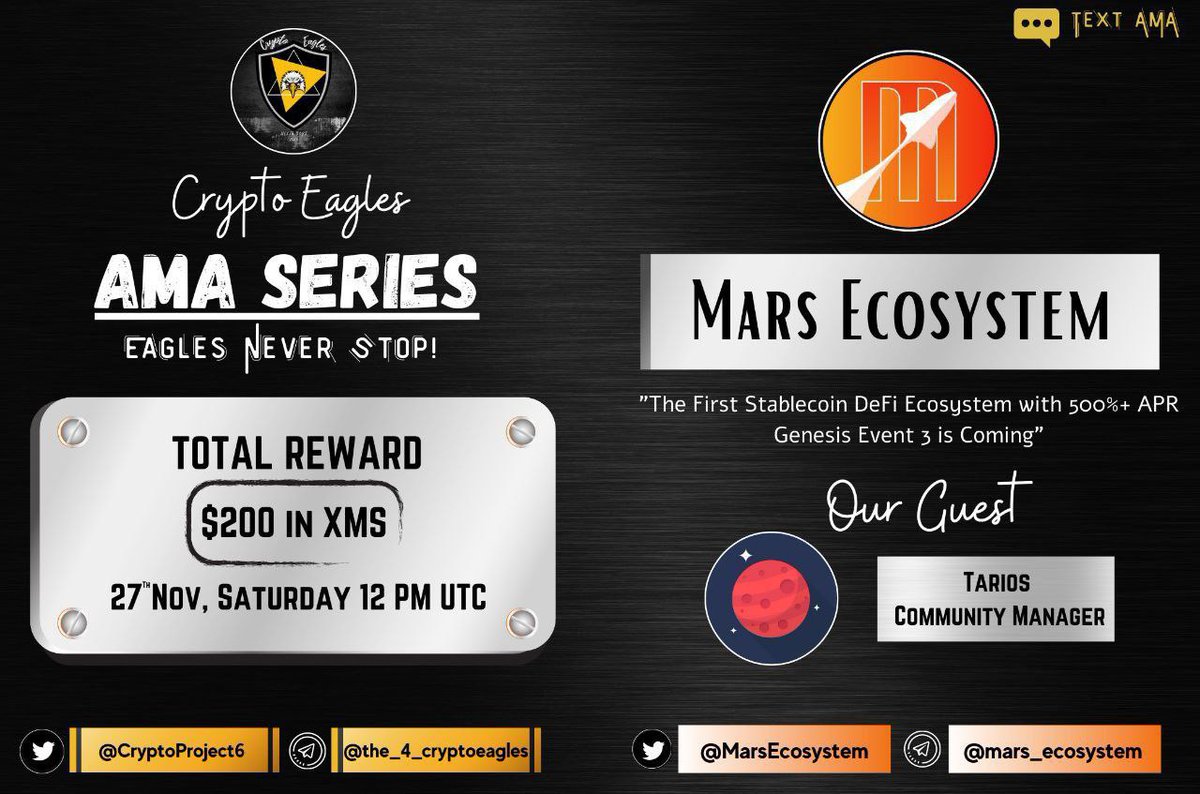CryptoProject6's tweet photo. We are pleased to announce our next AMA on November 27th, 2021 at 12:00 PM UTC.

@CryptoProject6

 x 
@MarsEcosystem

Reward : $200 worth XMS
Requirements:
Follow :-
@MarsEcosystem
 &amp; 
@CryptoProject6

Like, RT, Tag your 3 Friends. https://t.co/T1DxWXYVCh