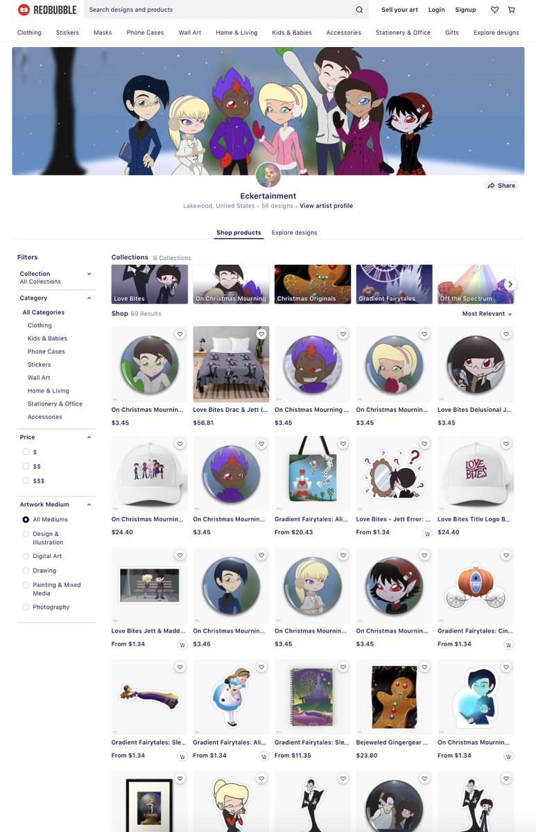 Eckertainment's tweet photo. Hey, everyone! Love Bites, On Christmas Mourning, and other MERCH with my artwork is now available on RedBubble! Most designs are available on a variety of products so please feel free explore your options.   https://t.co/UxMLCHnGwT https://t.co/KQoQSEeh5g