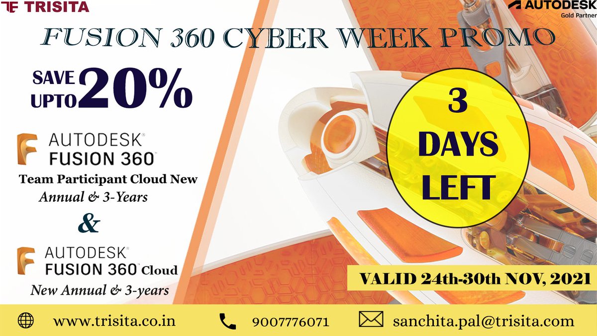 TrisitaL's tweet photo. ** FUSION 360 CYBER WEEK PROMO IS LIVE NOW **
**ONLY 3 DAYS LEFT NOW**
Offer valid till 30th November, 2021 only.
So hurry up; and grab your product now!
#teamtrisita #autodeskpartner #fusion360 #fusion360cloud https://t.co/ncBCFW4EV9