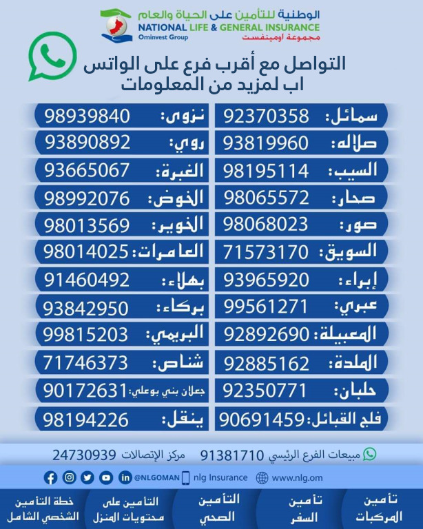 العملاء الكرام ،
نود إفادتكم بأن كافة فروعنا ستكون مغلقة في ايام الاجازة الرسمية للعيد الوطني المجيد، إلا أنه يمكنكم استخدام قنواتنا الإلكترونية لإنهاء معاملاتكم التأمينية او التواصل عبر الواتساب مع فروعنا. و للمزيد من المعلومات يرجى زيارة nlg.om