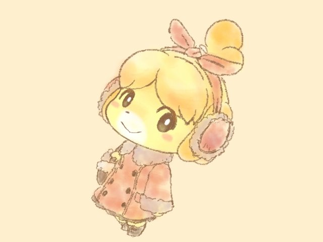 isabelle (animal crossing) 1girl earmuffs solo simple background blonde hair smile furry female  illustration images