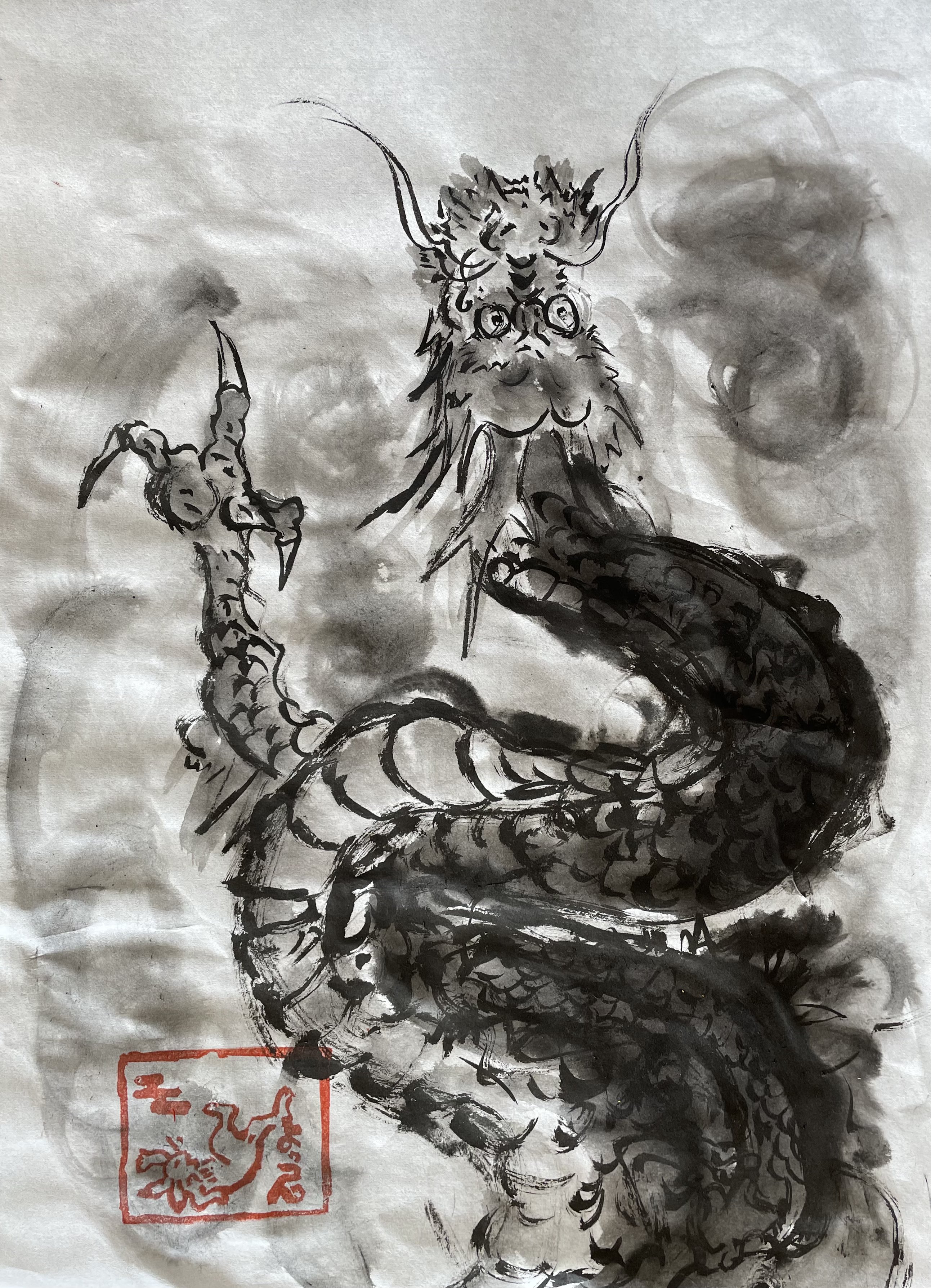 Twitter 上的 よっつん48 書道もどき 水墨画風 昇龍 イラスト イラスト好きな人と繋がりたい 半紙 今日は風が強いですね 龍が暴れてるかも T Co P5vixbhzrw Twitter