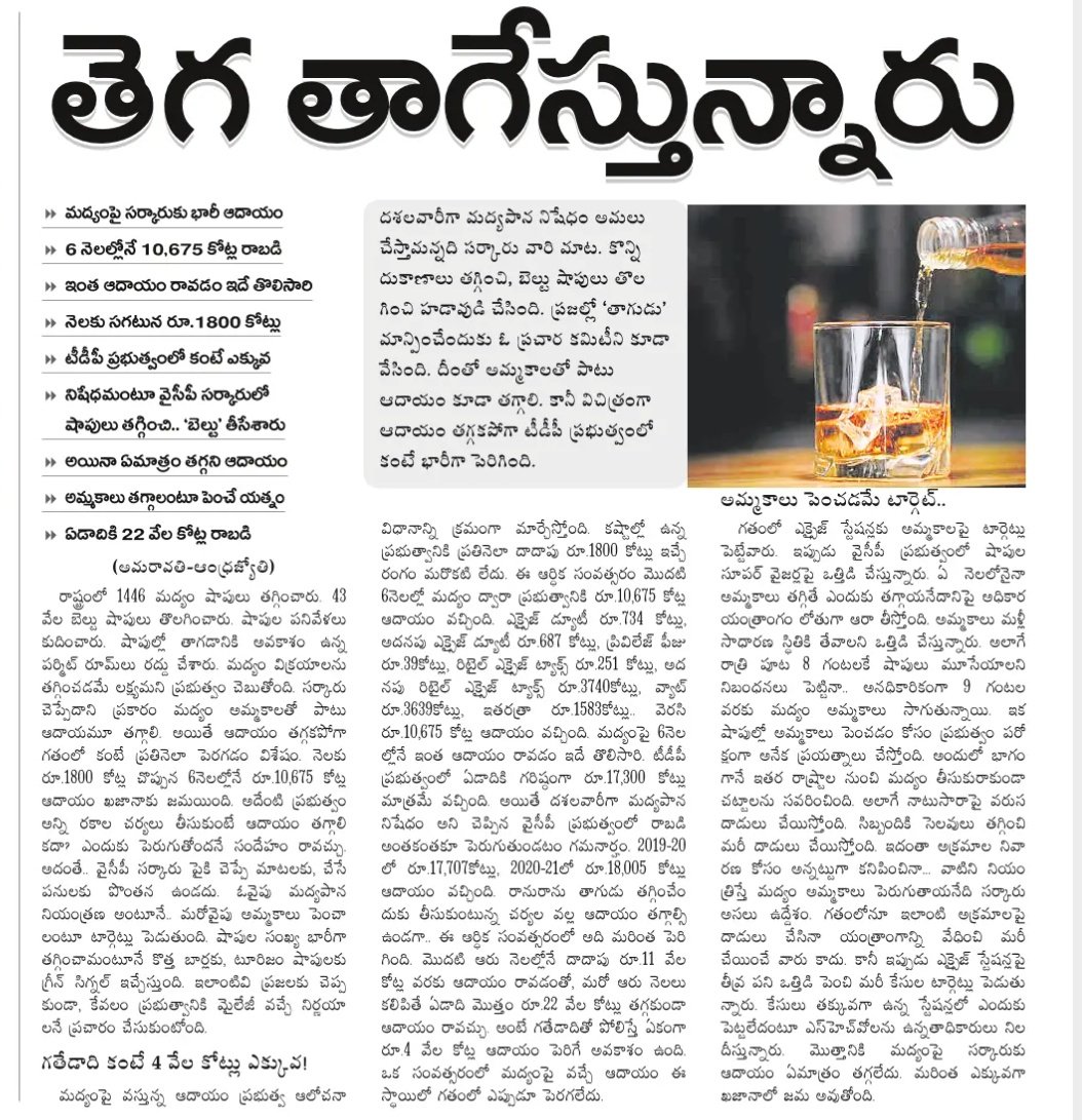 raavichaitanya's tweet photo. పేరుకు మద్య పాన నిషేధం
6నెలల్లో మద్యం మీదనే సుమారు 11వేల కోట్లు
ఇసుక మీద వేల కోట్ల ఆదాయం.
ఒక రోడ్డు లేదు,
ఎక్కడా ఒక ఇటుక పెట్టిన పాపాన పోలేదు.
జీతలకు కూడా ప్రతినెల కొత్త అప్పులు.
రాష్ట్ర ఆదాయం మొత్తం ఎవడి జేబుల్లోకి పోతుంది
#YcpLootingAndhra https://t.co/ClFTxvlAIP
