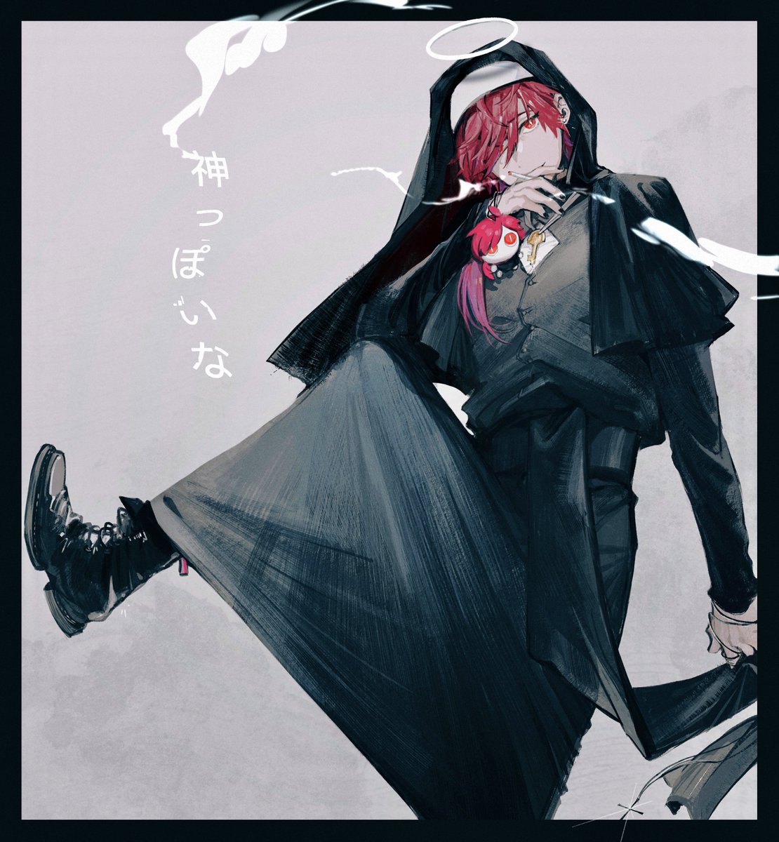 exusiai (arknights) cigarette red hair halo red eyes solo smoking nun  illustration images