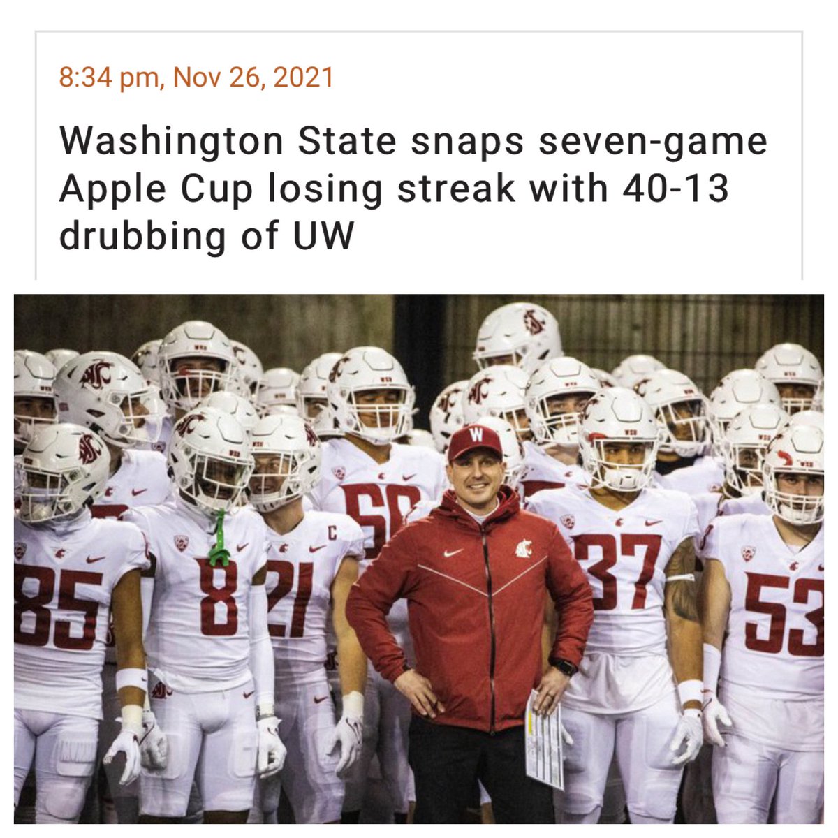 edboyle's tweet photo. At LONG last … How SWEET it is! CONGRATS @WSUCougarFB on your “drubbing” of @UW_Football to return #AppleCup to #Pullman. The team & interim head coach, #JakeDickert, overcame adversity & continue to impress. 🏈🍎🏆 #GoCougs #Wazzu #PrideOfThePalouse #PAC12 #NCAA #GoBeavs 🧡🖤 https://t.co/YsLod9kCyT