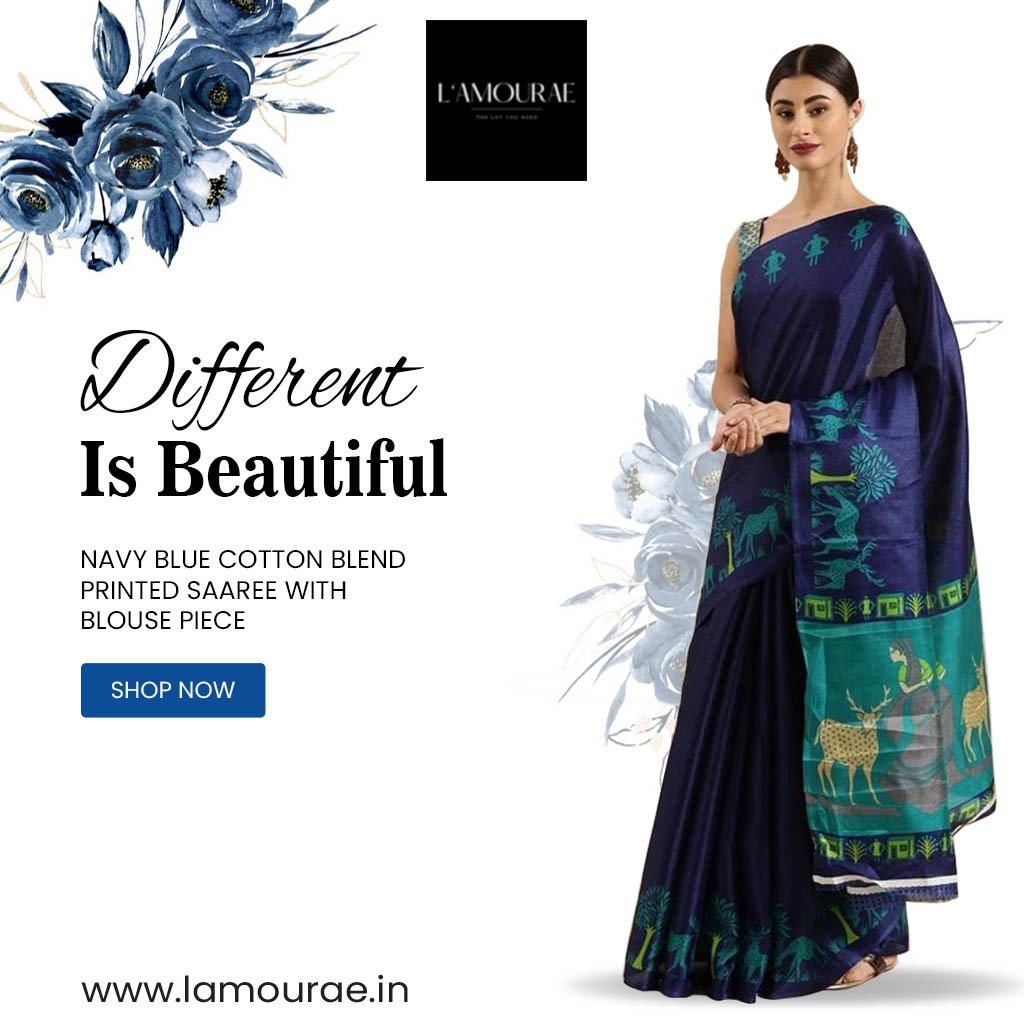 bebecomfort's tweet photo. @lamourae Lamourae presents a beautiful saree collection for you to shop this season. o for this astounding Navy Blue Cotton Blend Printed Saree With Blouse Piece to slay your day. 
For more - https://t.co/vn91osWPS2
#Lamourae #SareeCollection #BlueSaree #Cotton Saree #ForWomen https://t.co/MjToj56ImD