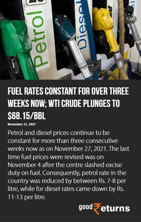 Goodreturns updates on fuel: Here are the Fuel rates as of November 27, 2021.

bit.ly/3lbgTIk

#Goodreturns #FuelRate  #PetrolandDiesel #PetrolandDieselPrices