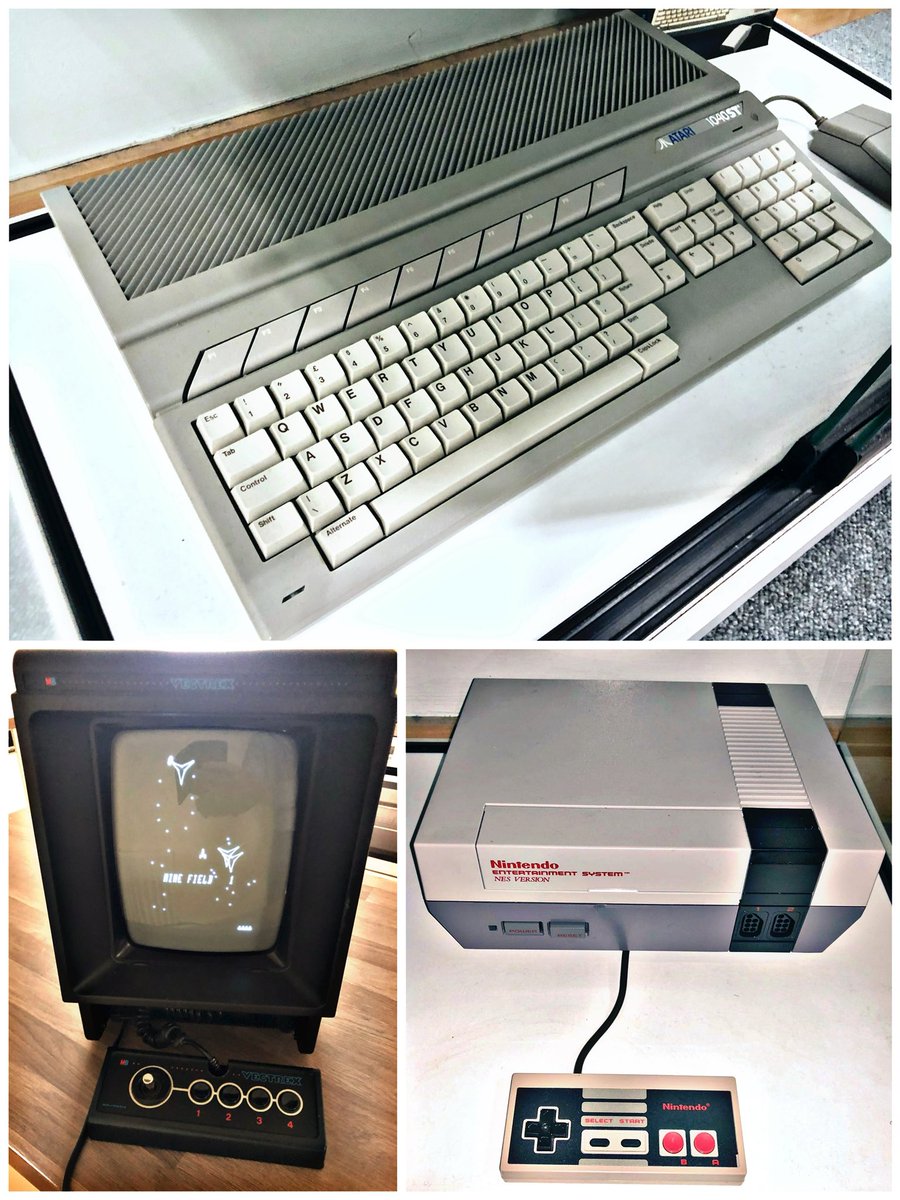 SWRetroComp's tweet photo. Today’s #RetroTrio offers you the #Atari #1040STE, #Nintendo #NES and #MBElectronics #Vectrex. Which will you keep, gift to a friend and delete forever? #RetroComputing #ComputerHistory #RetroGaming #VideoGames https://t.co/UZgONdIEAn