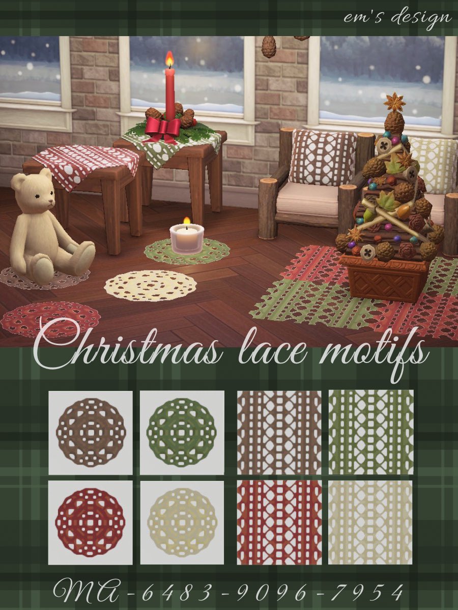 * New design ** Christmas lace motifs ** クリスマスのレースモチーフ *白を使っていたのですが、クリスマスなのでカラバリを作ってみました🎄スクエアは色違いで組み合わせても面白いです。リメイク素材にも使えるかも。よかったら……😊#どうぶつの森 #ACNH #マイデザイン #マイデザ配布 