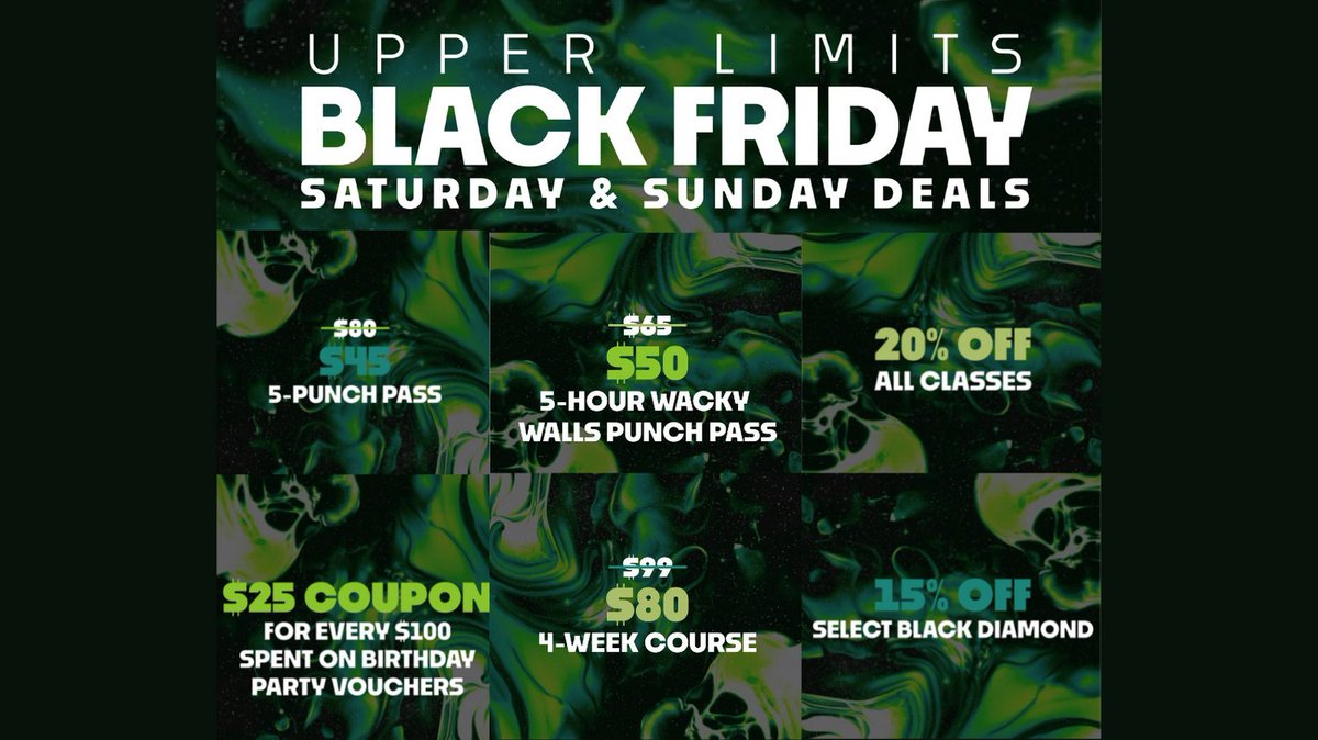 Black Friday isn't over yet! Check out these great deals on punch passes, classes and more. 

#blackfriday2021 #blackfridaydeals
#climbuli #indoorclimbing #shoplocal`