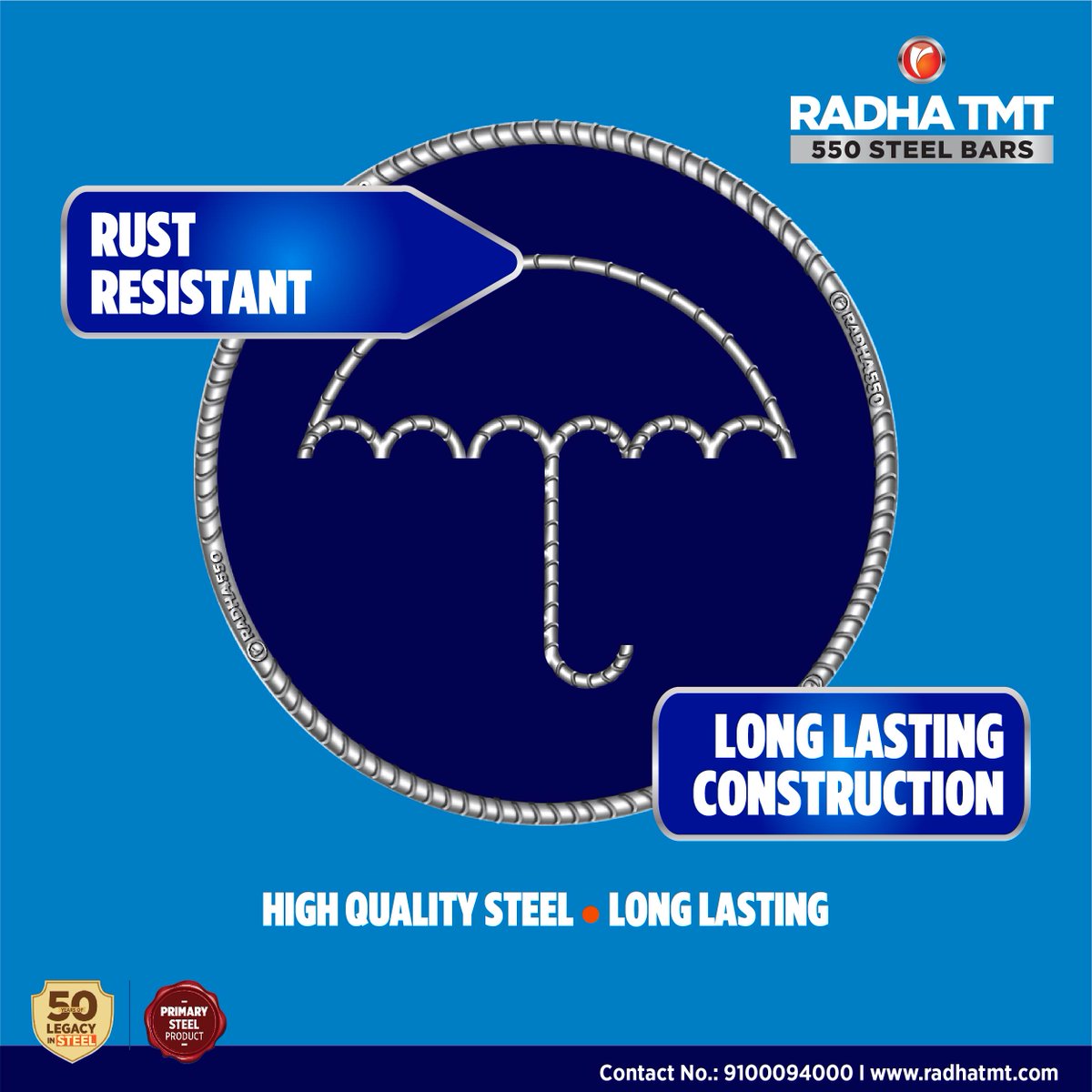 Radha TMT bars are treated to resist rust. They stay stronger for a longer time, leading to long lasting construction.

#RadhaTMT #TMTBars #LongLastingConstruction