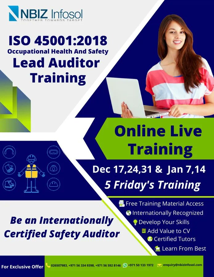 ISO 45001:2018 Lead Auditor Training ✔️5 Days training with exam ✔️Online training ✔️Free training material access ✔️Learn from accredited training center For more info: nbizinfosol.com/iso-courses/is…