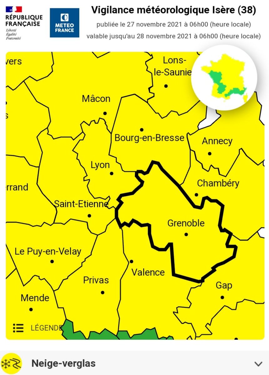 sdis38's tweet photo. ⚠️ Le département de @CDIsere est classé en vigilance jaune neige et verglas par @VigiMeteoFrance. Vigilance et prudence sont de rigueur. Restons informés : https://t.co/xx8AnZASsY https://t.co/UJjw5Qo7RT