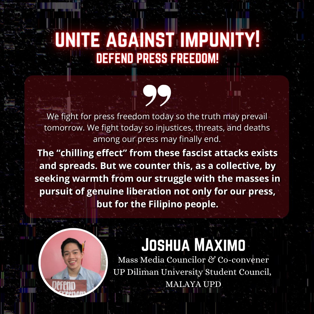 MALAYA_UPD's tweet photo. Press freedom is a right that must be protected at all costs, as it manifests our democracy. Student leaders of UP Diliman gave their reasons on why we should fight for press freedom, and called on everyone to defend press freedom.

#DefendPressFreedom
#EndImpunity
#BreakFree https://t.co/5AUKULeKmA