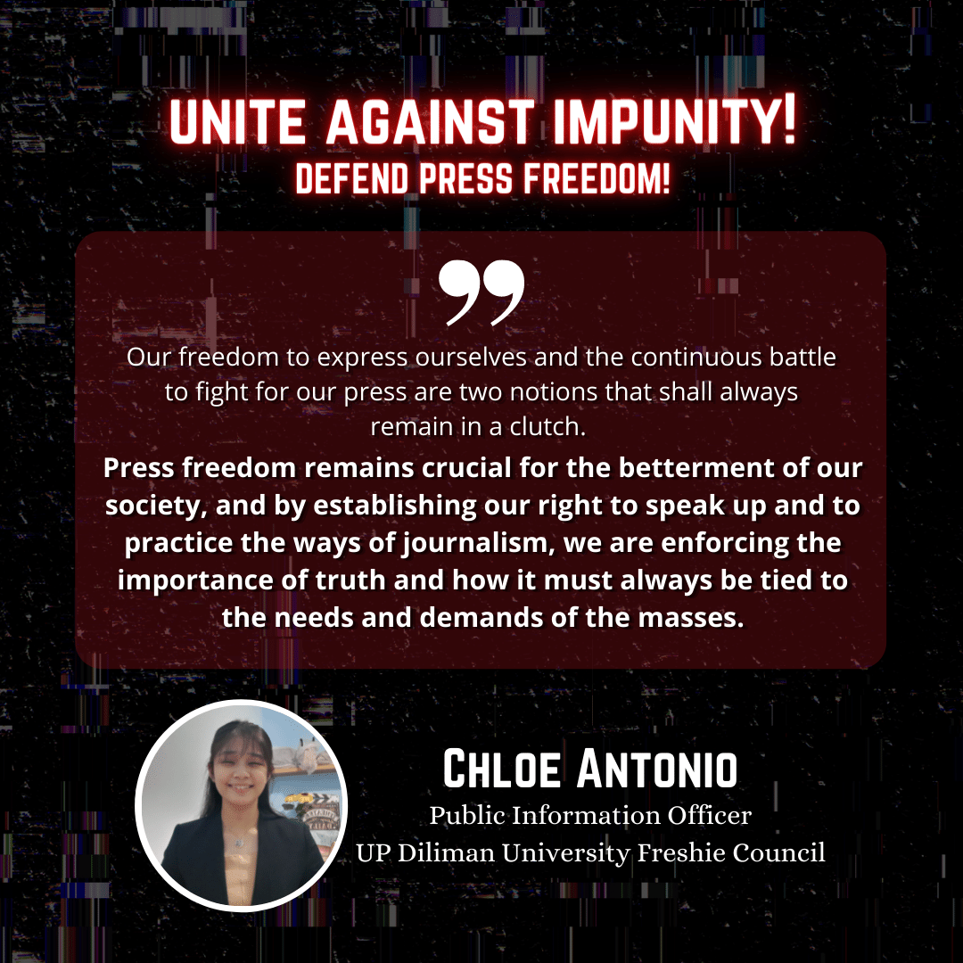 MALAYA_UPD's tweet photo. Press freedom is a right that must be protected at all costs, as it manifests our democracy. Student leaders of UP Diliman gave their reasons on why we should fight for press freedom, and called on everyone to defend press freedom.

#DefendPressFreedom
#EndImpunity
#BreakFree https://t.co/5AUKULeKmA