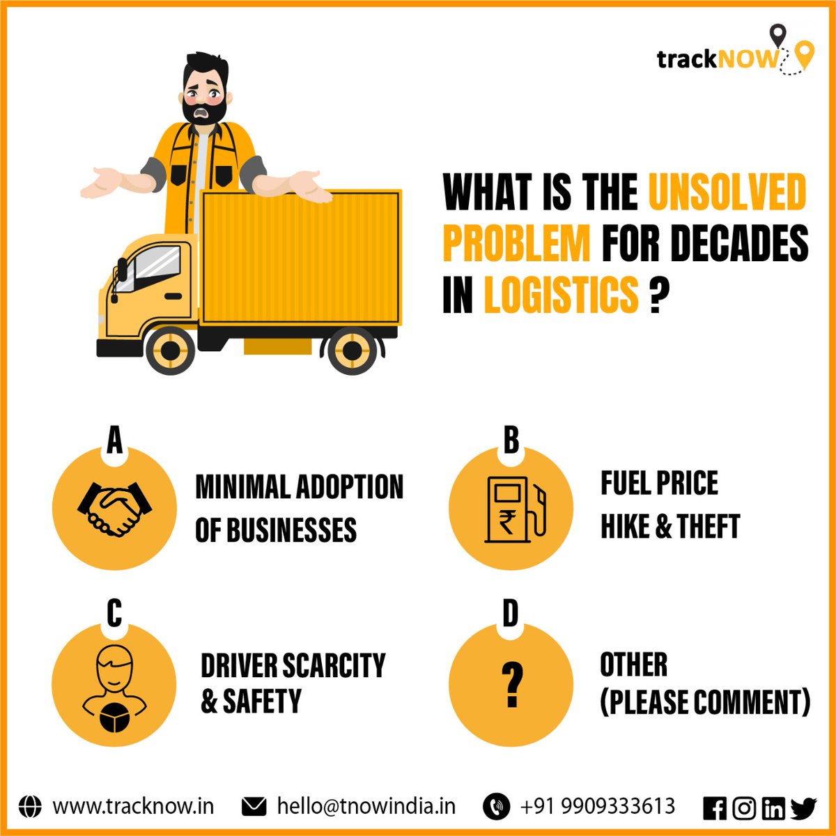 trackNOW_in's tweet image. 💁‍♂Do let us know what you think in the comment section below 👇👇👇
----
@trackNOW_in  
 tracknow.in
#Tracknow 
#logisticproblem #challengeinlogistics #logisticsservices  #fleetmanager #transportationindustry #safety #ambulance #Staffbus #Logistics #Taxi