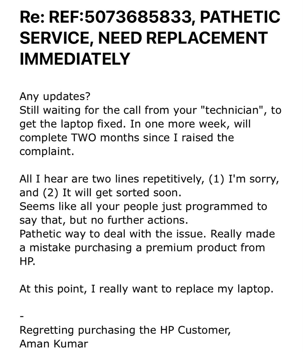 TalawatAman's tweet photo. It’s been almost 2 months. Didn’t expect such Horrible service from @HP. https://t.co/u5sZZLUFBP