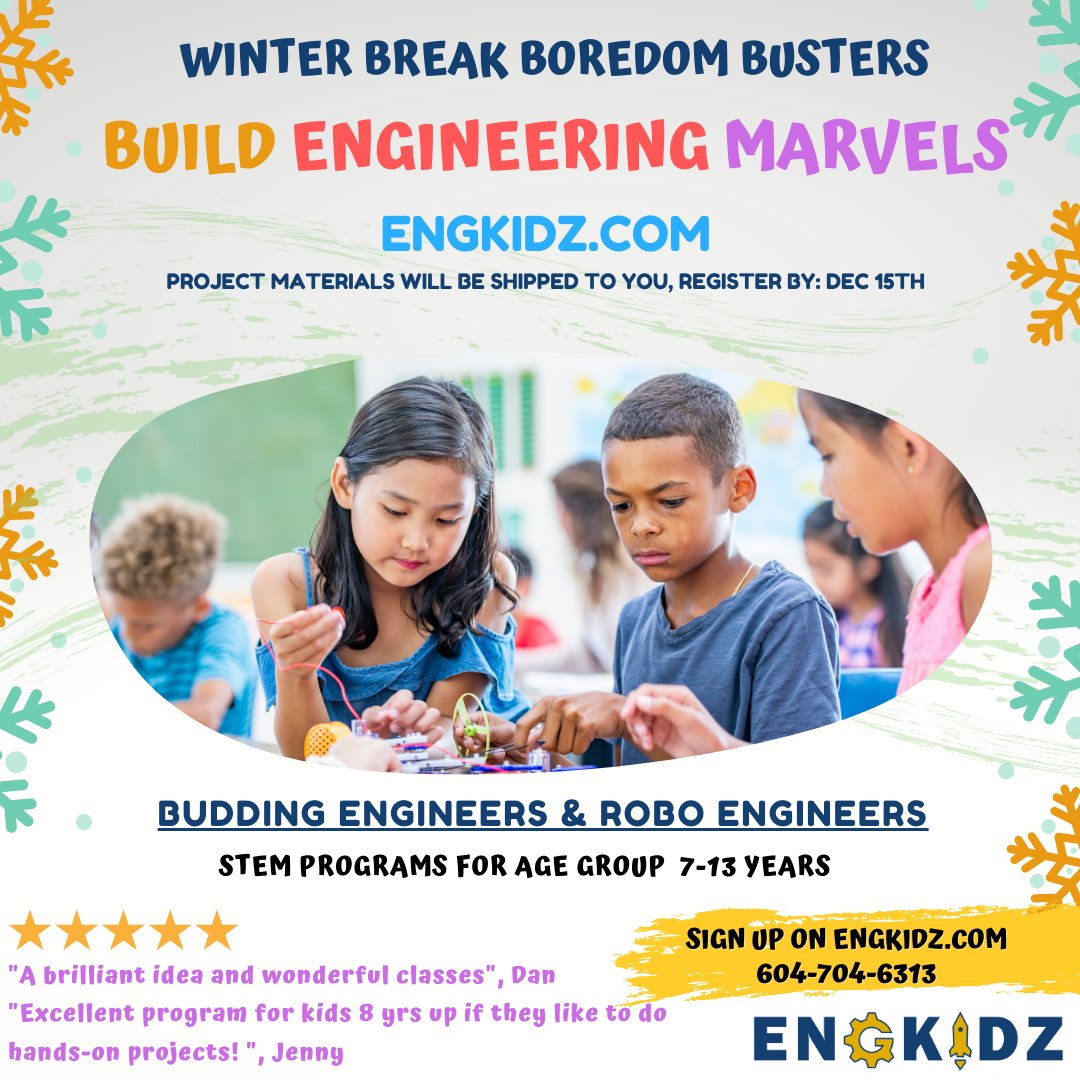 Boredom Busters! This winter break we are bringing a week long fun, hands-on, virtual STEM camp for 7-13 year olds.
Projects kits will be shipped to your door. 
Visit EngKidz.com to learn more and register
#STEM2021 #Science #kidsactivities #winterbreak
