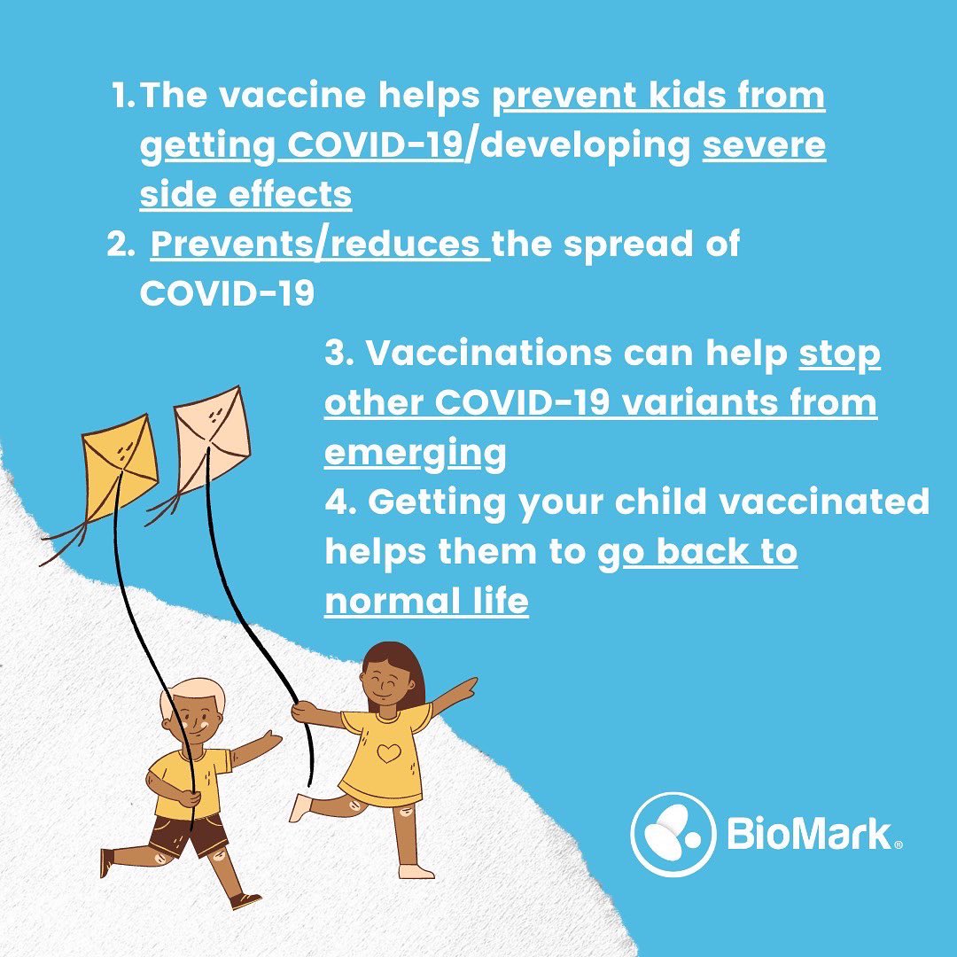 Biomarking's tweet image. Still contemplating if you should get your child vaccinated? Here are some benefits to aid in your consideration. Let’s all do our part to reduce the spread of COVID-19.

#biomark #covid #covid19 #covidvaccine #health #children