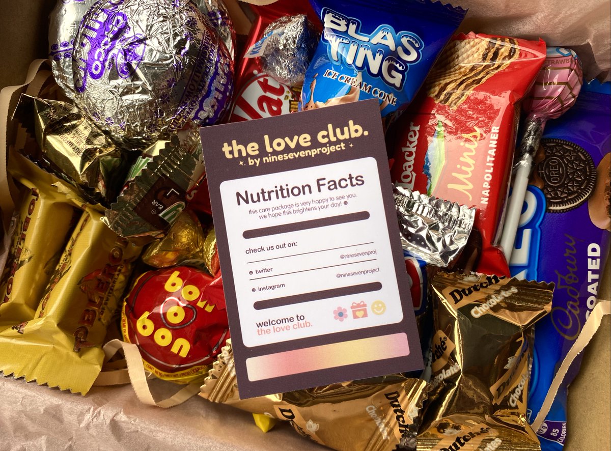 bynineseven's tweet photo. care packages know no calories &amp; sugar level 🤪 slots  for  local,  original &amp;  premium  boxes  are  still  open,  place  your  orders  by  filling  out  this  form:  https://t.co/RbmKxKppoy

ps.  how  do  u  guys  like  our  new  thank  you  card? https://t.co/q9SVq60LDB