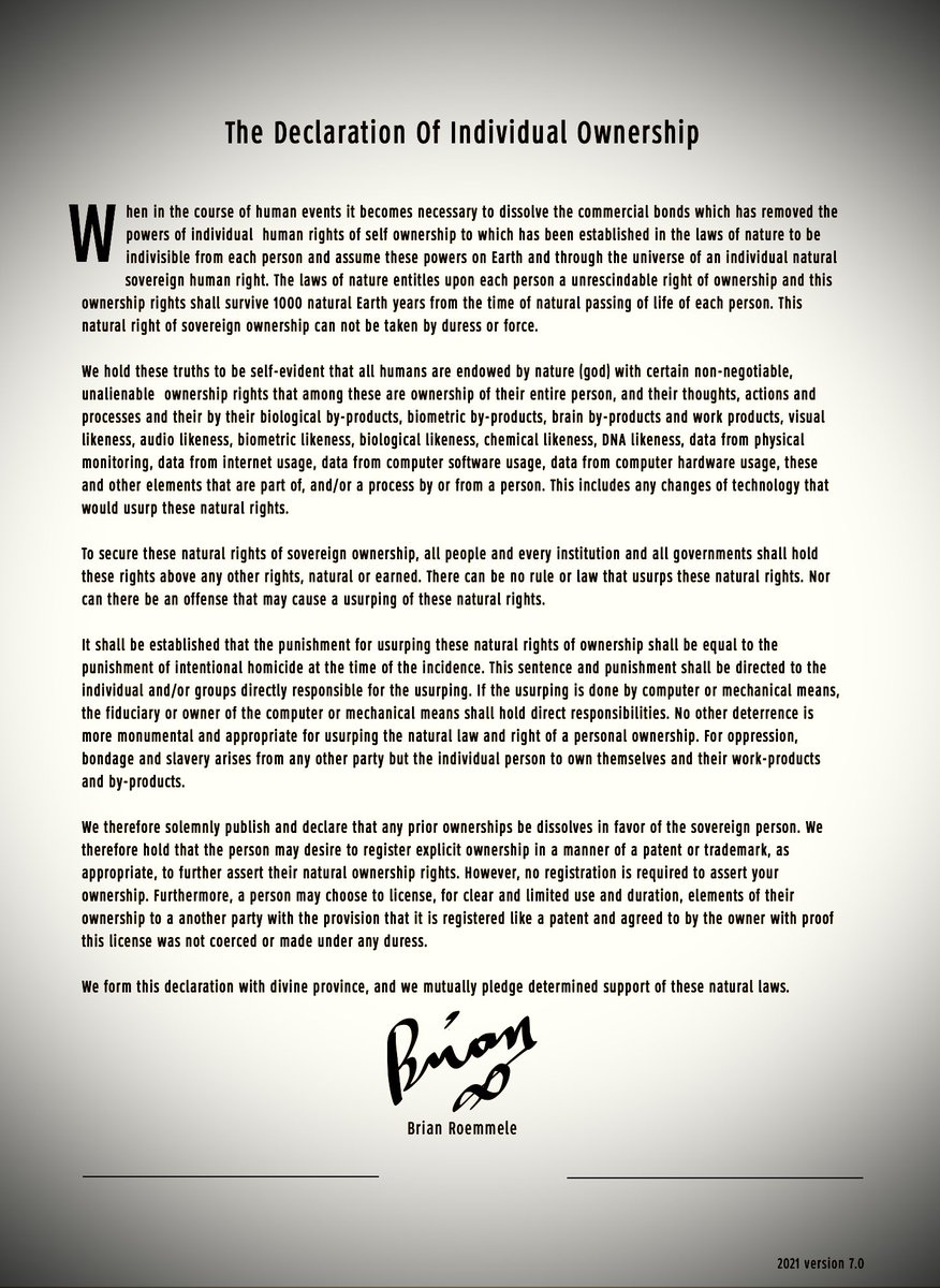 The implementation of The Declaration Of Individual Ownership is not  complex. Existing patent/trademark laws and technologies of the open ledger  and blockchain of #Bitcoin could be used to register ownership and to