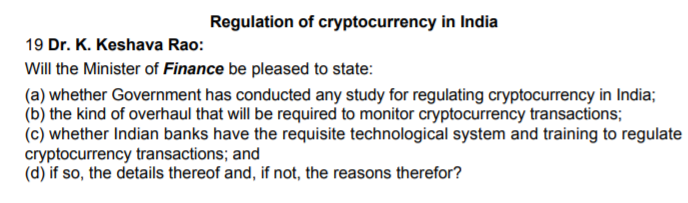 CryptoVakil's tweet photo. MPs in LS &amp; RS from Shiv Sena, TRS, VCK &amp; BJP have raised Qs in Parliament on whether govt will regulate #crypto  &amp; bring legislation as well govt's stand on it. To be answered in LS on Mon &amp; RS on Tue. 

@CMRamesh_MP @rautsanjay61 @thirumaofficial 

#cryptocurrency #bitcoin https://t.co/GbtUaV1H2K