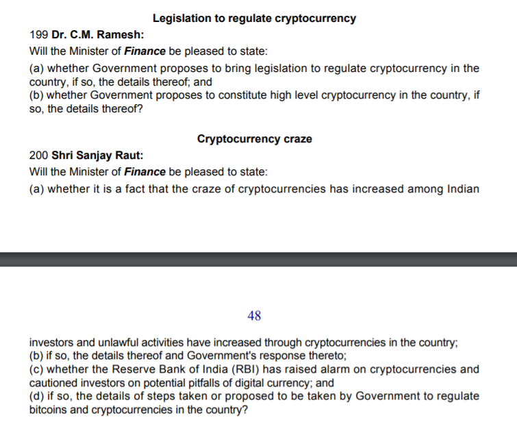 CryptoVakil's tweet photo. MPs in LS &amp; RS from Shiv Sena, TRS, VCK &amp; BJP have raised Qs in Parliament on whether govt will regulate #crypto  &amp; bring legislation as well govt's stand on it. To be answered in LS on Mon &amp; RS on Tue. 

@CMRamesh_MP @rautsanjay61 @thirumaofficial 

#cryptocurrency #bitcoin https://t.co/GbtUaV1H2K
